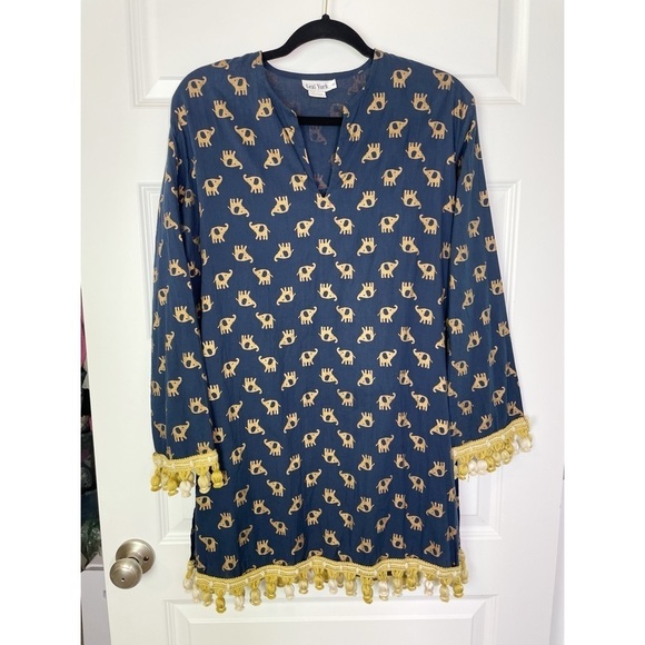 Boutique Lexi York 100% Cotton Elephant Print Shift Dress w/Ornate Pompom Tassel - Picture 1 of 11